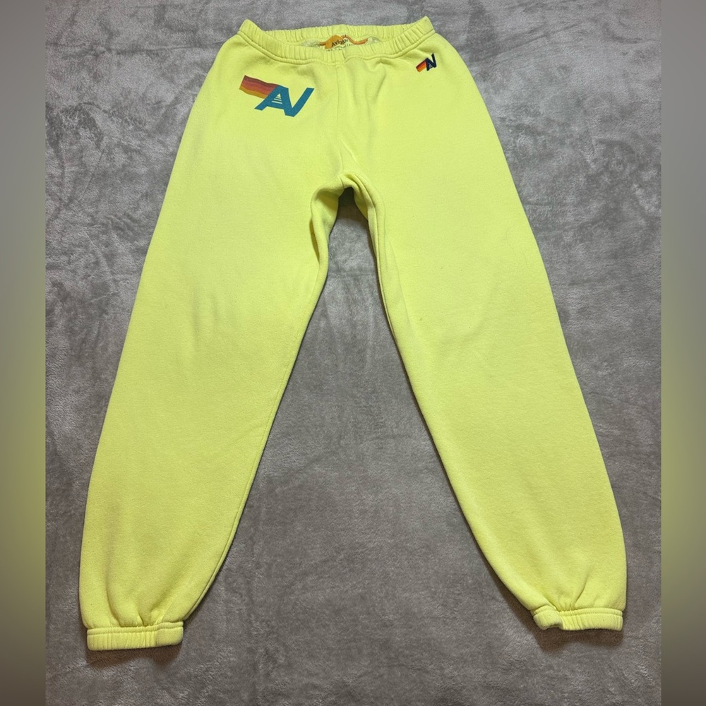 Aviator Nation Neon Yellow Track Joggers with Rainbow Logo